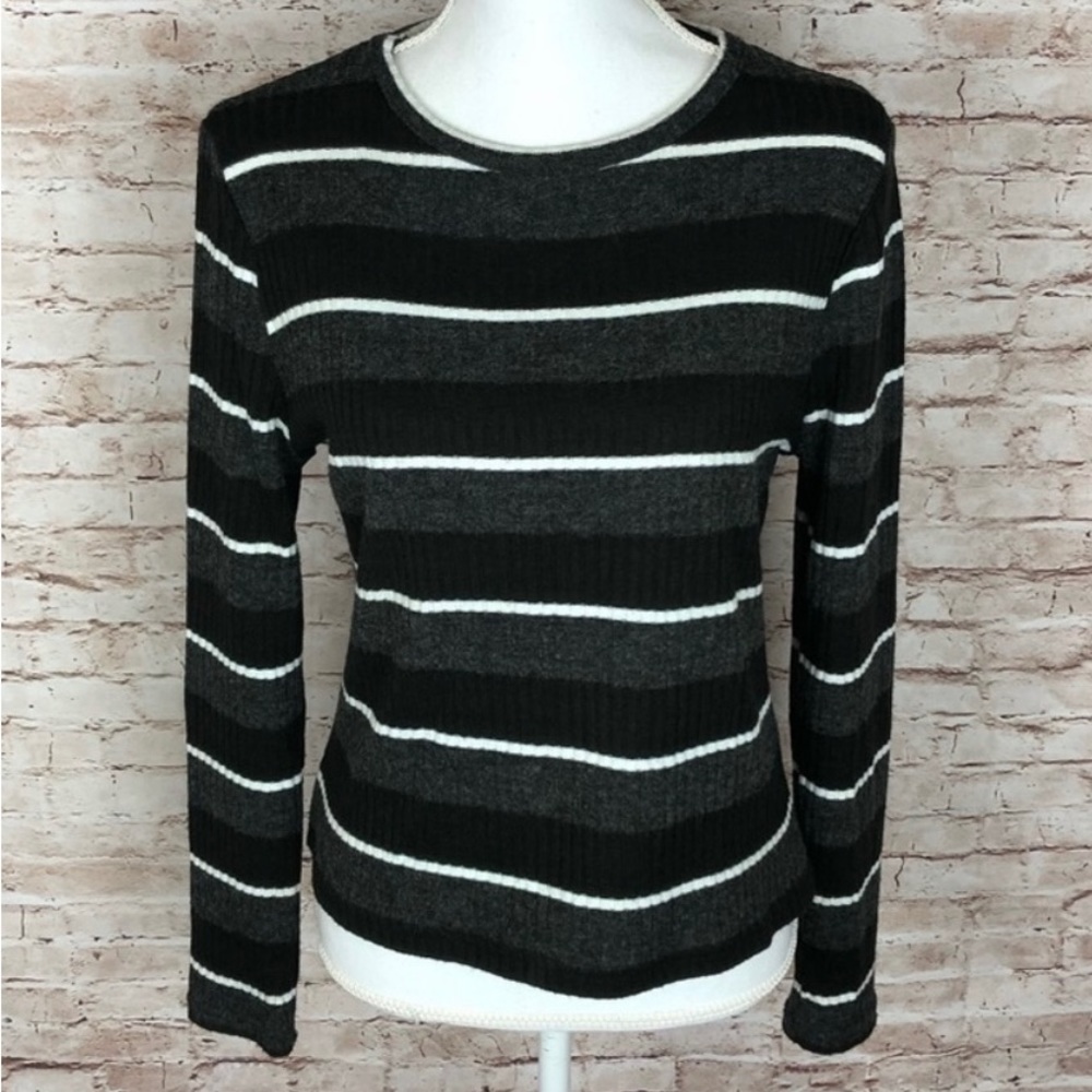 New Look Striped Scoop Neck Sweater Size 12 Black Gray White EUC